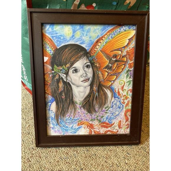 Y2K2008 Fairy Young Lady Bird Fantasy Handpainted ArtPrint Matted Framed Signed - Picture 3 of 6